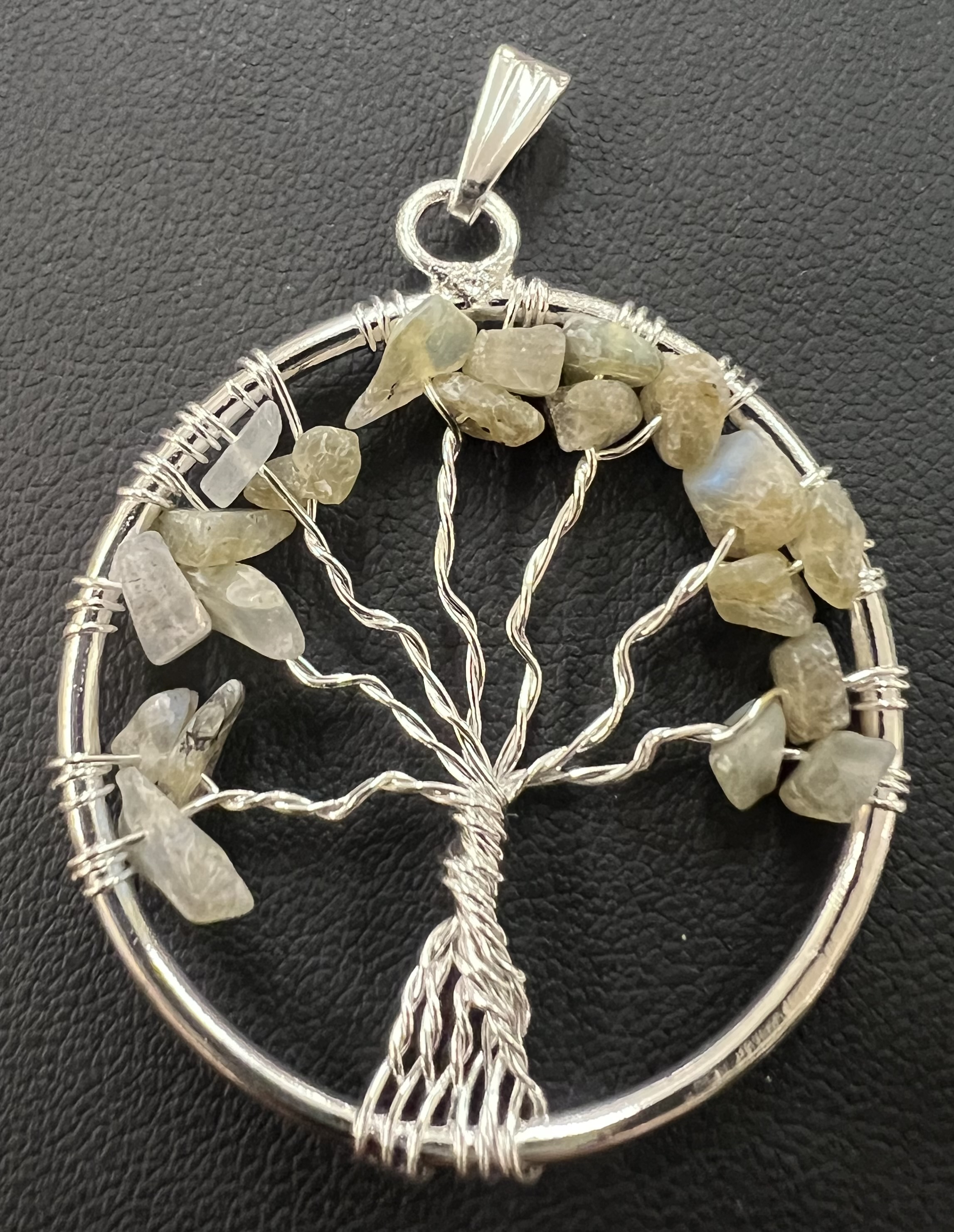 Natural Stone Tree of Life Pendant in Silver - 1.5 inches - Laboradite